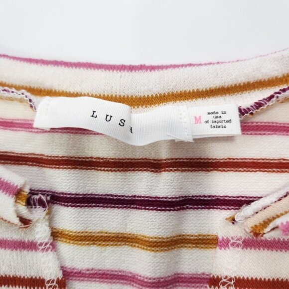 Lush NWT Multicolor Stripe Crop Tee Womens M White Pink Knit Notched Collar - Picture 6 of 9